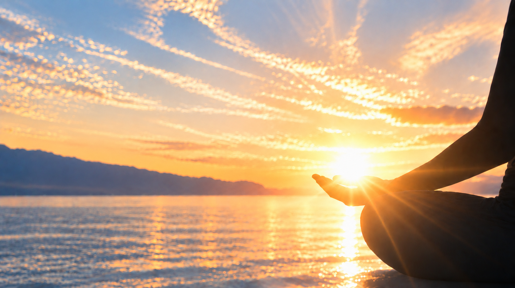 朝日の海を前に、静かに瞑想する人物